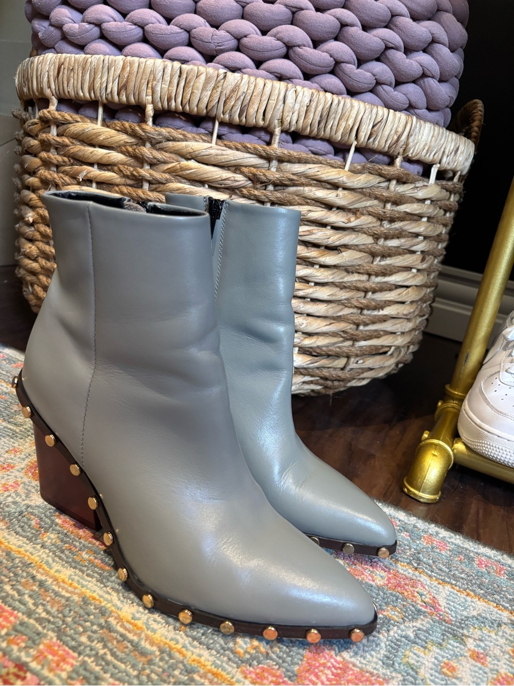 Celine Grey Leather Studded Wedge Ankle Boots Phoebe Rodeo